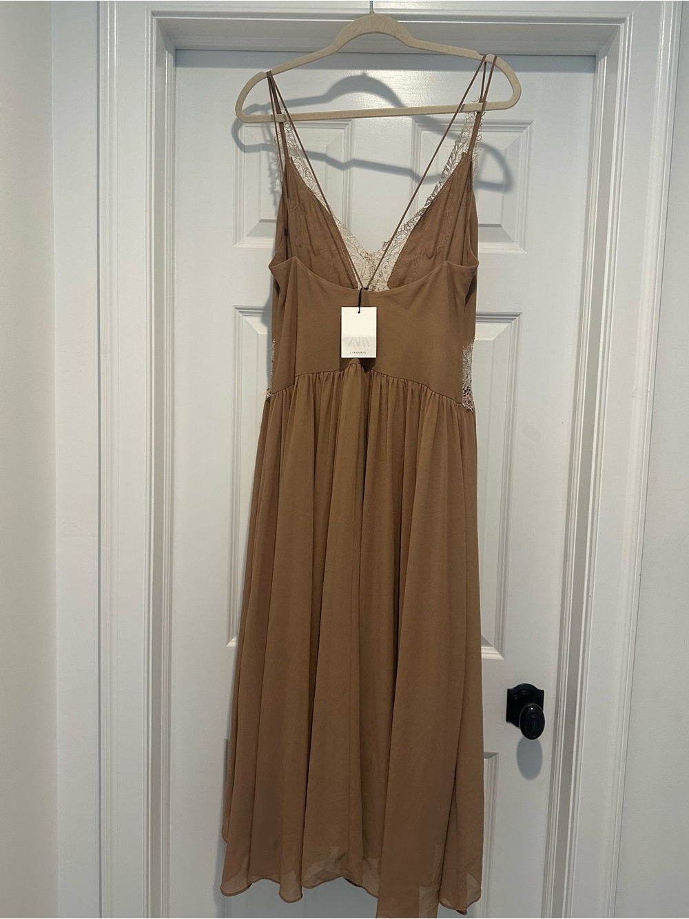 New Zara Asymmetric Tan Strappy Lace-Trimmed Slip Dress & beige Lace Accents M - Picture 6 of 10